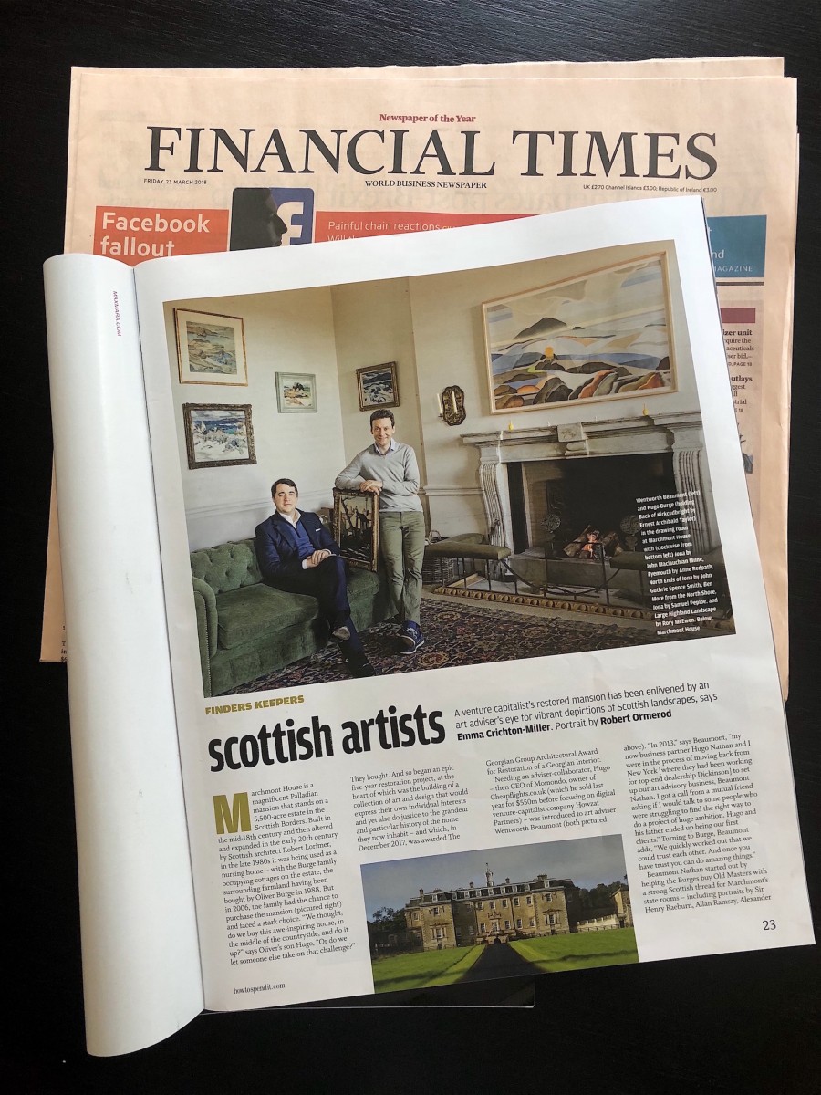 BN Founder Wenty Beaumont as featured in the FT Weekend Magazine's March 25, 2018 issue highlighting the Burge Family's incredible restoration of the historic Marchmont House and our involvement in the home's growing art collection.