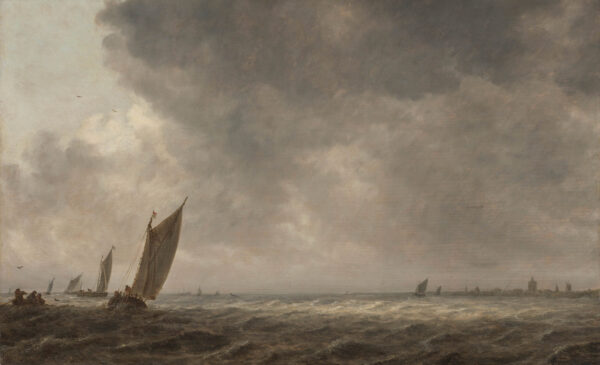 Jan Van Goyen - An Estuary scene with a small ship.